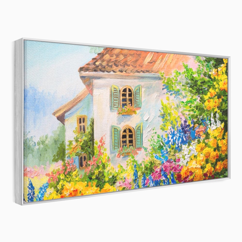 Tablou canvas cu pictura cu casa alba si flori, in rama de aluminiu argintiu